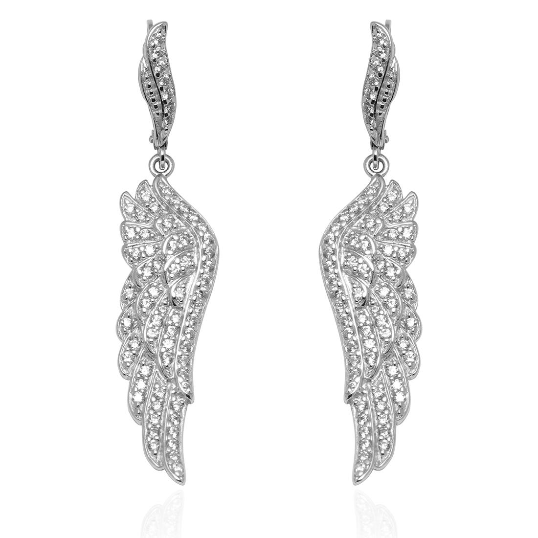 S/S Pave CZ Angel's Wing Dangle Earrings: Sterling Silver Pave CZ Angel's Wing Dangle Earrings• Metal: Sterling Silver• Stone: Cubic Zirconia• Total Weight: 7.2grams• Finish: Polished• Backing: Lever Back