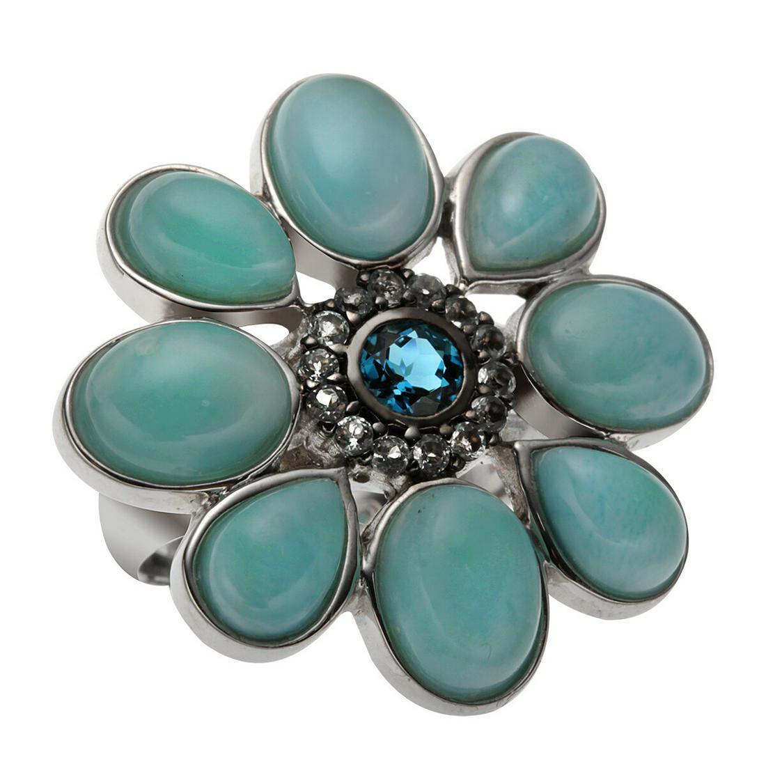 Sterling Silver Larimar & Topaz Flower Ring-SZ 7: Pangea Mines Royal Island Dominican Larimar Island Flower Gemstone RingAs delightful and welcome as the first flowers of spring, Pangea Mines lovely ring from the Royal Island collection is fully ablo