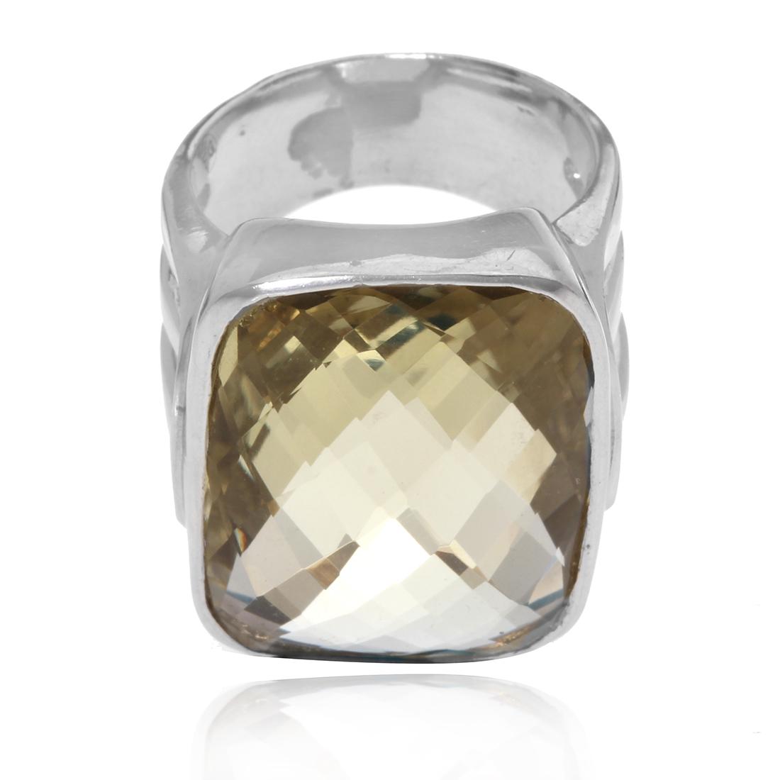 Sterling Checkerboard Cut Lemon Qtz Ring SZ 7.75: Sterling Checkerboard Cut Lemon Qtz Ring SZ 7.75• Metal: Sterling Silver • Stone: Lemon Qtz • Width: 25.2 mm • Total Weight: 17.