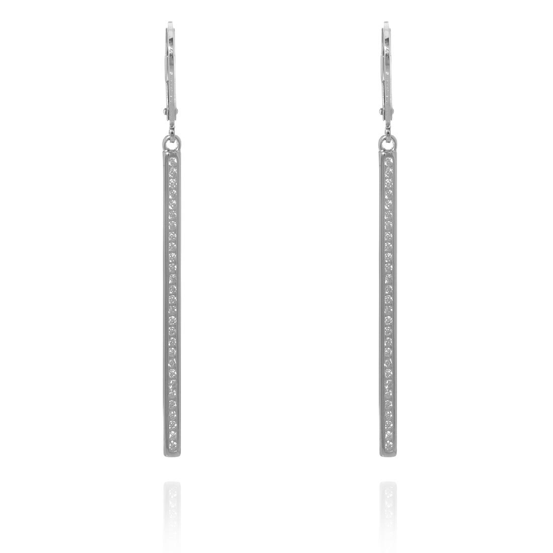 Sterling Silver Linear Bar Dangle Earrings: Sterling Silver Linear Bar Dangle Earrings • Metal: Sterling Silver• Stone: Cubic Zirconia• Total Weight: 3.3 grams• Finish: Rhodium• Backing: Lever Backs