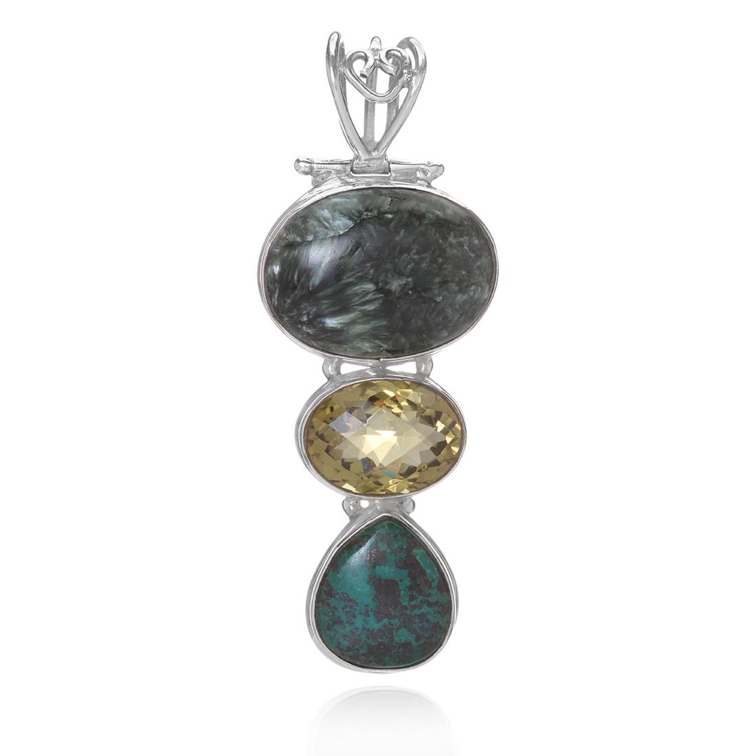 Sterling Silver Jasper/Lemon Qtz/Turquoise Pendant: Sterling Silver Jasper/Lemon Qtz/Turquoise Pendant• Metal: Sterling Silver • Stone: Jasper/Lemon Qtz/Turquoise • Dimension: 81.64 m
