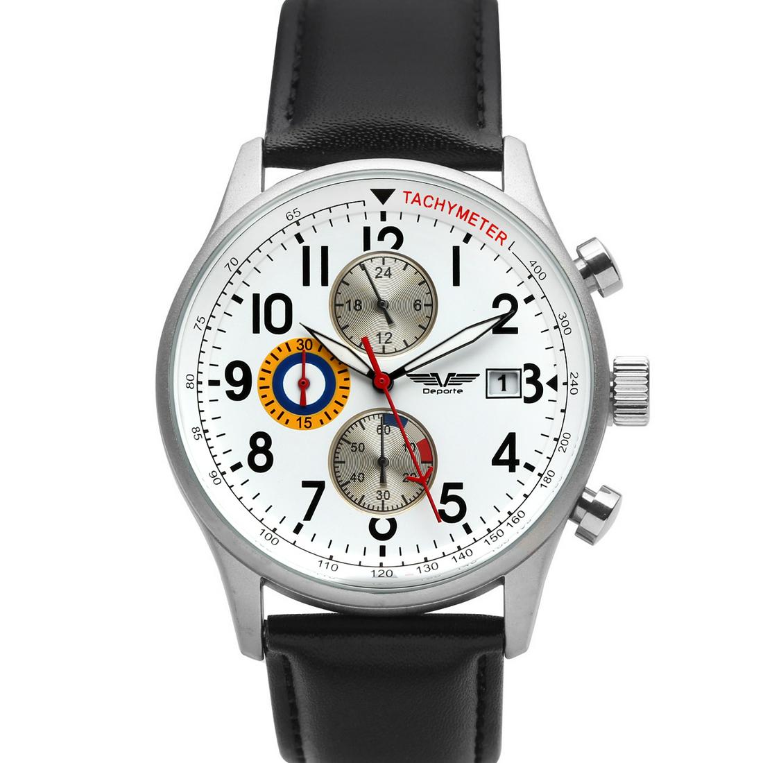 Deporte Spitfire 42mm Case Men's Chronograph Watch: The sporty Spitfire features Stainlesss Steel 42mm Diameter Case with Chronograph Tachymeter 3 Sub Dials, White Indices Date Magnification Lens White Dial, Silver Tone Case And Black Branded Leather S