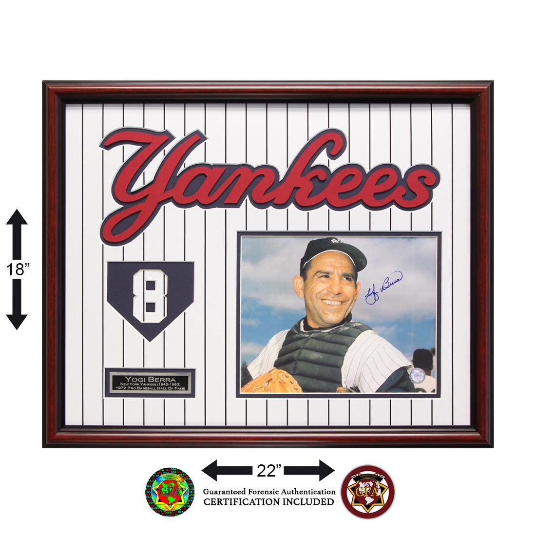 Yogi Berra New york Yankees Framed 20x16 Signed: Lawrence Peter "Yogi" Berra (May 12, 1925 – September 22, 2015) was an American professional baseball catcher, manager, and coach who played 19 seasons in Major League Baseball (MLB) (1946–