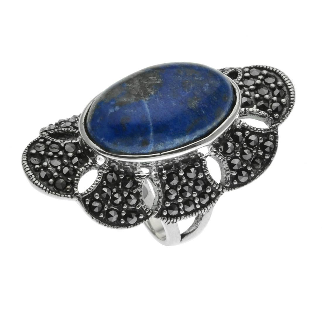 Sterling Silver Lapis & Marcasite Ring-SZ 11: • Genuine lapis & marcasite• One oval cabochon 18x12mm• Measurement: 35mm L x 8mm W x 6mm H • Gleaming rhodium over fine sterling silver