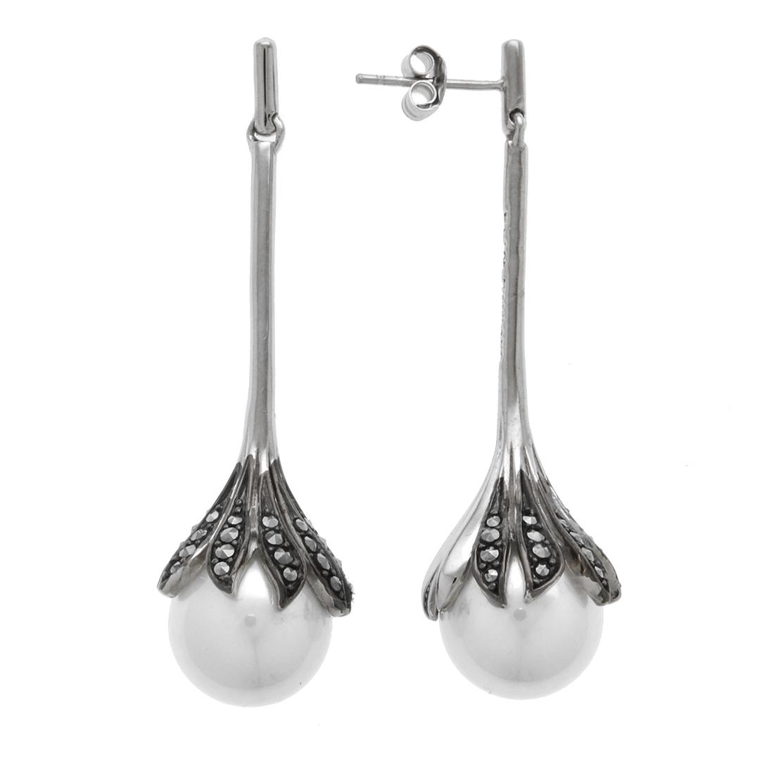 Sterling Silver Faux Pearl Marcasite Drop Earrings: Sterling Silver Faux Pearl Marcasite Drop Earrings