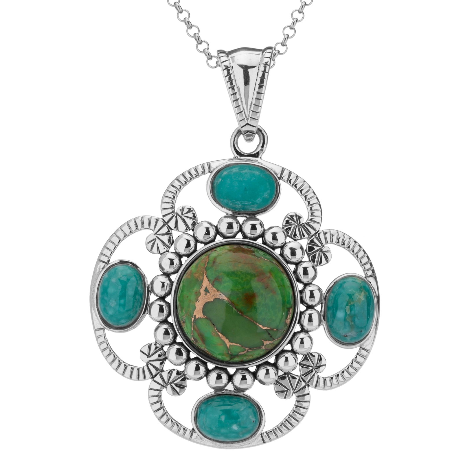 Sterling Silver Multi Turquoise Textured Pendant: The enchanting beauty of fine turquoise is beautifully crafted in a gleaming sterling silver setting to create a necklace of rare beauty. A large round Green Mohave and four oval cut Campo Frio turquo