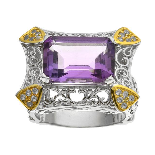 Silver 6.83ct Amethyst & Zircon Filigree Ring-SZ 8: • Genuine amethyst & zircon •6.82cwt amethyst & zircon •Emerald cut center stone with foligree shank• Gleaming rhodium with 14K gold accents over fine sterling silver