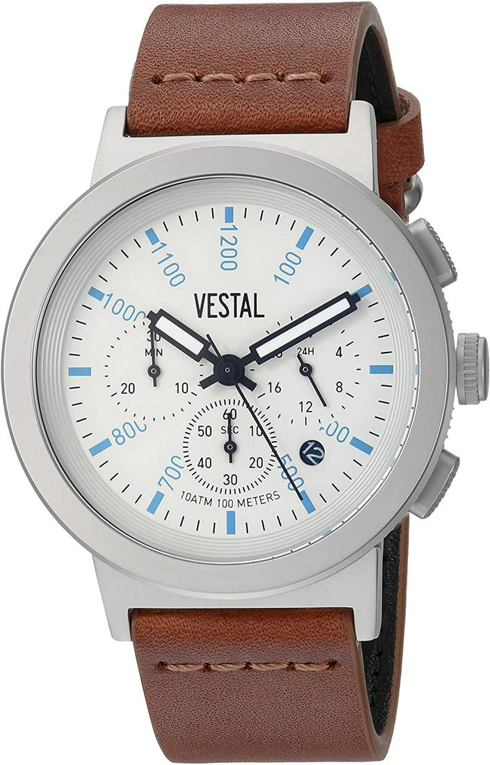 Vestal Men's Retrofocus Chrono Watch 44mm Case Diameter: Inspired by vintage camera & lens designs, The Retrofocus by Vestal is most certainly one of a kind. The Retrofocus first reveals its design inspiration through a very unique way of using camera ISO l