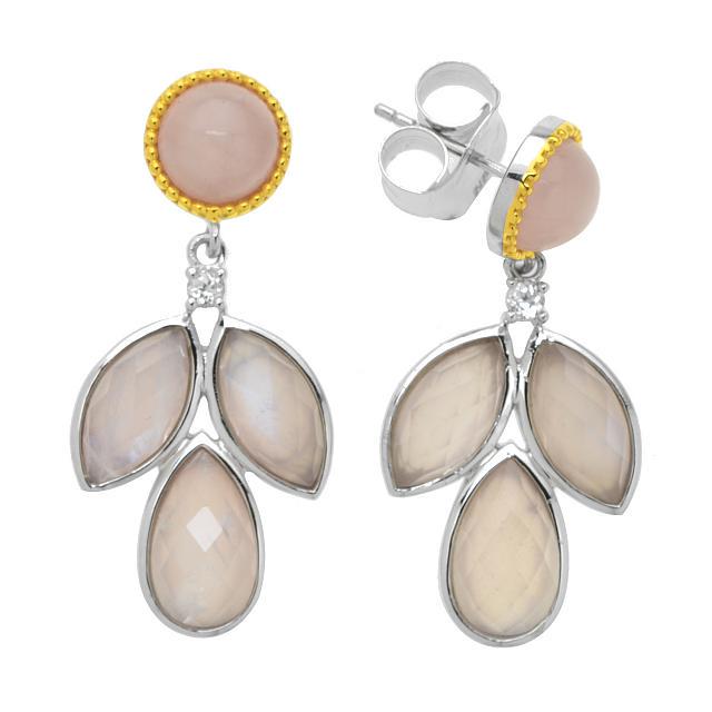 Silver Rose Quartz Doublet Leaf Drop Earring: Rose Quartz: Two round 8mm cabochonsAssembled Rainbow Moonstone and Rose Quartz Doublet: Two pear shaped checkerboard cut 12 x 7mm and four marquise shaped checkerboard cut 12 x 6mmWhite Zircon: Two r