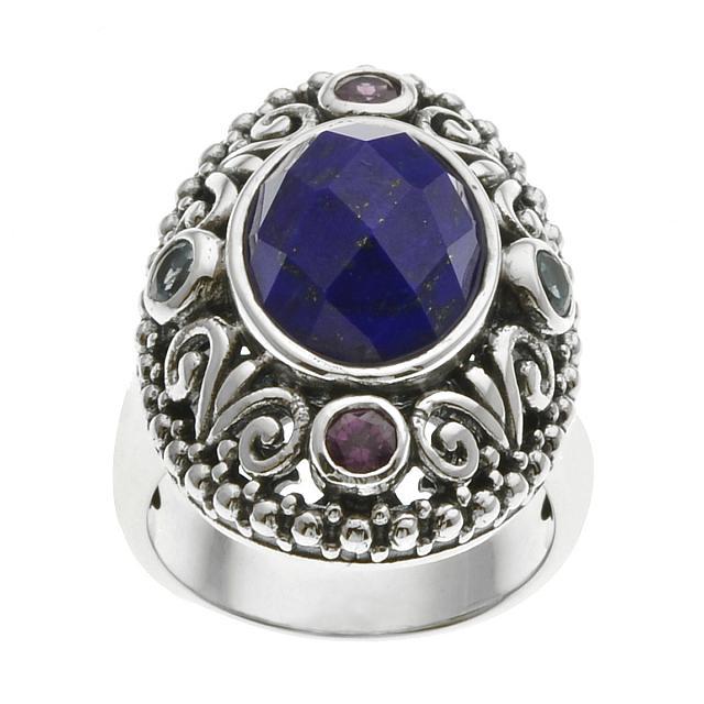 Sterling Silver Lapis & Gemstone Bali Ring-SZ 8: Make a lasting impression with this lovely design from the Addison Lane Bali Weekend Collection. Beautifully crafted in oxidized sterling silver and adorned with gorgeous lapis lazuli complemented by 