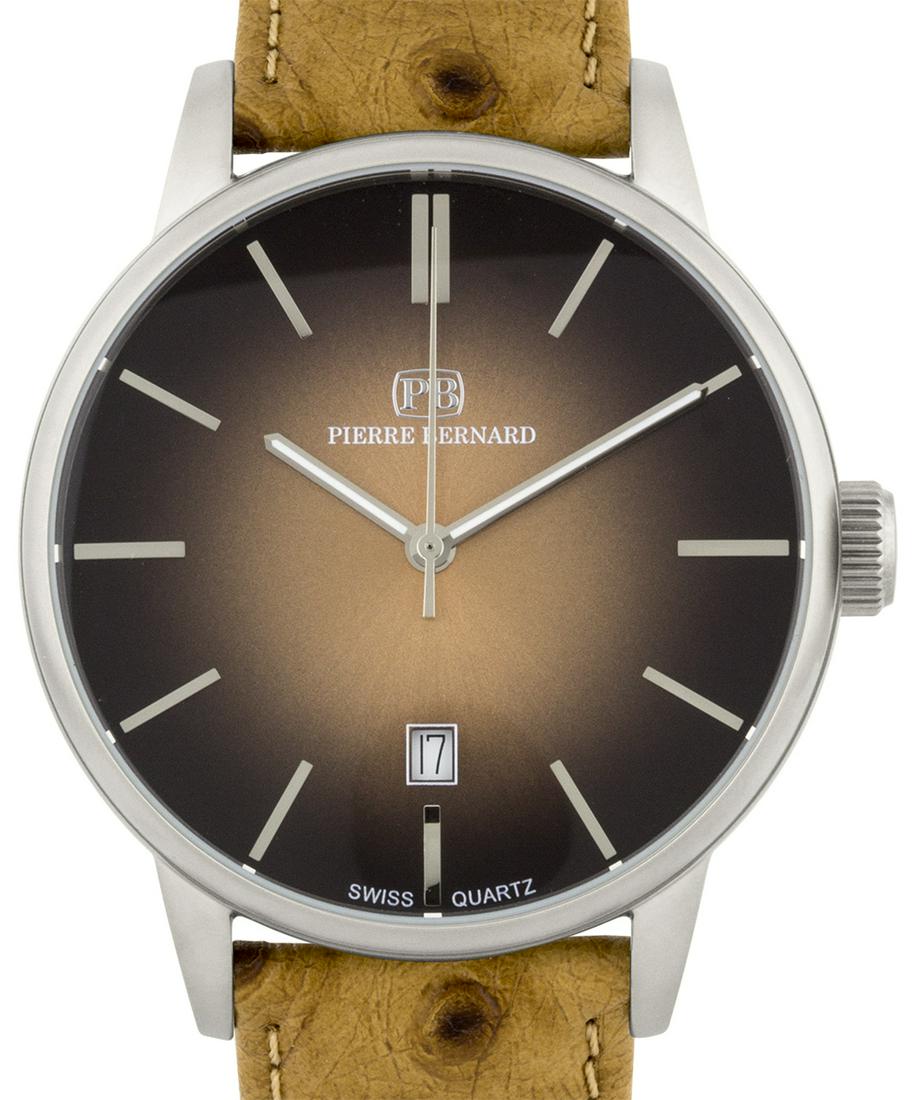 Pierre Bernard Swiss Quartz Pale Fire Men's Watch: Main Features: Genuine Swiss Ronda 515 Movement , Classic Design, Visible Date WindowHands: Luminescent handsCase Shape: RoundMaterial: Stainless Steel, LeatherCase Thickness: 10mmStrap Width: 20mm St