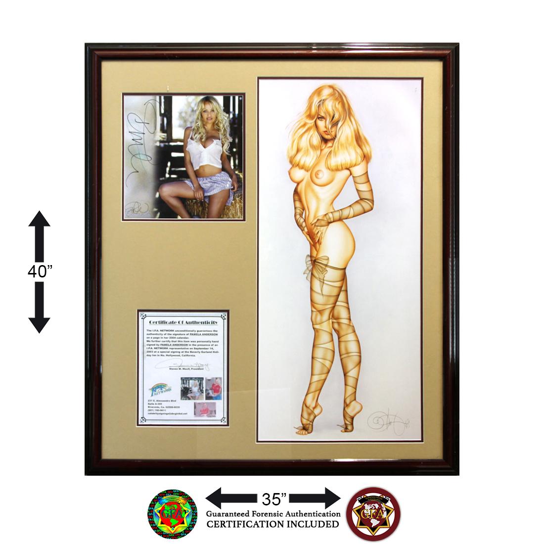 Pamela Anderson & Olivia Berardinis Framed Signed: Olivia Berardinis (November 1948) and Pamela Anderson (July 1, 1967). 15 x 34 Olivia Berardinis signed Pamela Anderson Nylon Jungle Giclee Print 11 x 11 ½ Pamela Anderson signed Color Photograph. Mat
