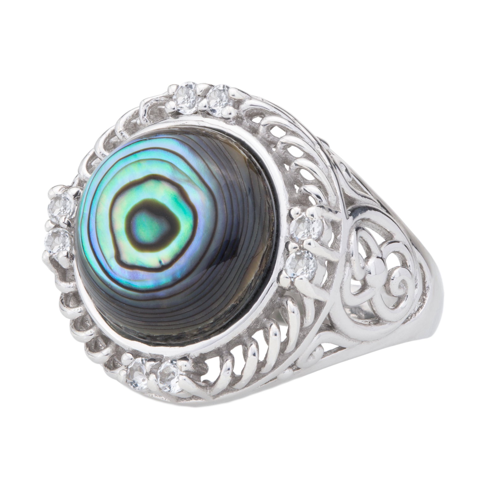 Silver Abalone & White Topaz Textured Ring-SZ 5: One round alluring genuine Abalone Shell cabochon is artfully crowned wtih mesmerizing spirals of sterling silver.. Pairs of shimmering white topaz mark the cardinal points and open scrollwork side ga