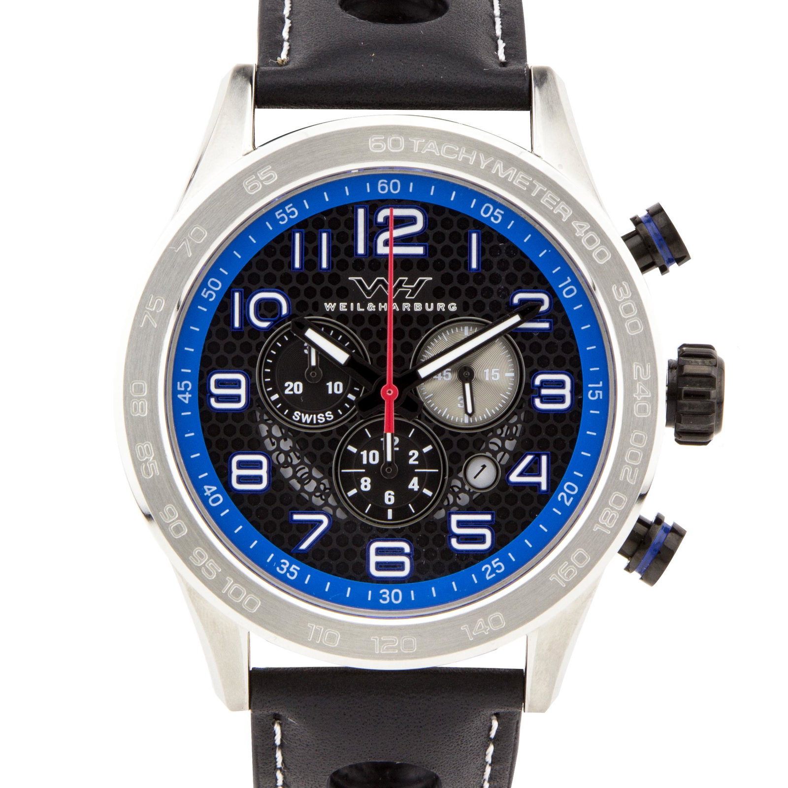 Weil & Harburg Karkin Mens Chronograph 49mm Case Watch: The Karkin Collection features and big and bold 49mm case with a visible date window at 4 o’clock. The Chronograph 5030.D features a large center stop second hand, 30 minute counter, 12 hour cou