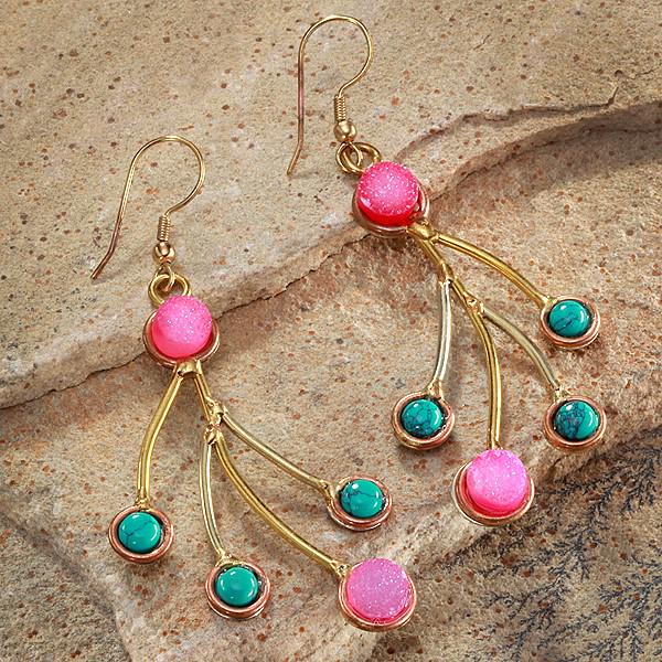 Pink Druze and Turquoise Earrings: These beautiful Earrings feature a design that was inspired by the ancient Native American belief in creating spiritual harmony by combining metals. These earrings shine with a german silver base and 