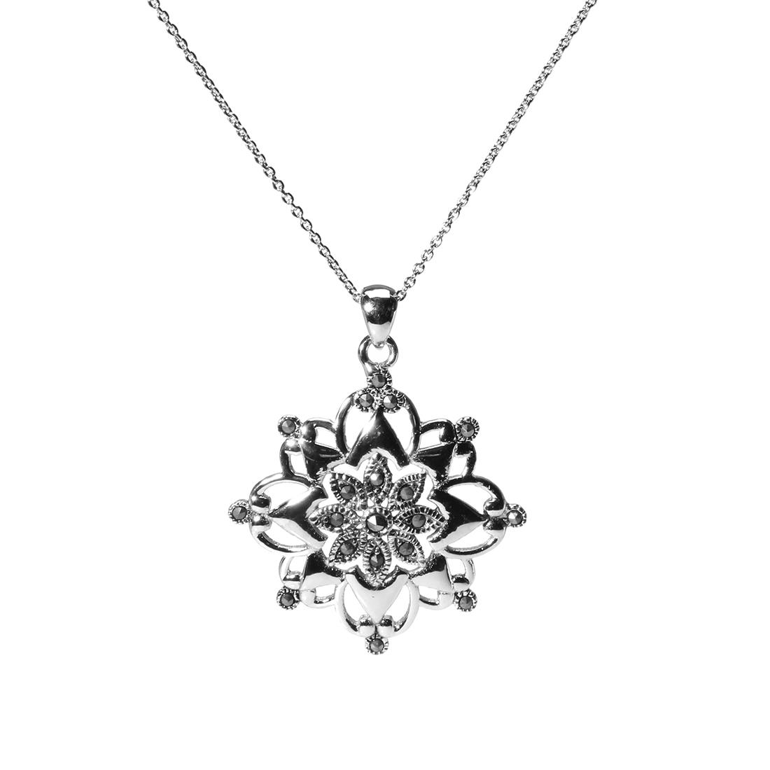 Silvertone Marcasite Pendant with Chain: Silvertone Marcasite Pendant with Chain • Metal: Brass • Stone: Marcasite
