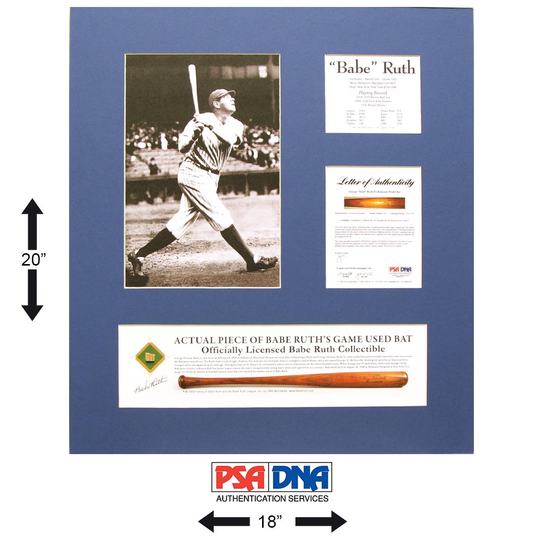 Babe Ruth N.Y. Yankees Matted piece of used bat: Babe Ruth (February 6, 1895 – August 16, 1948). 1 x 1 Cut of an actual piece of Babe Ruth’s Game Used Bat comes with a Letter of Authentication from PSA and Guaranteed Forensic Authenticat