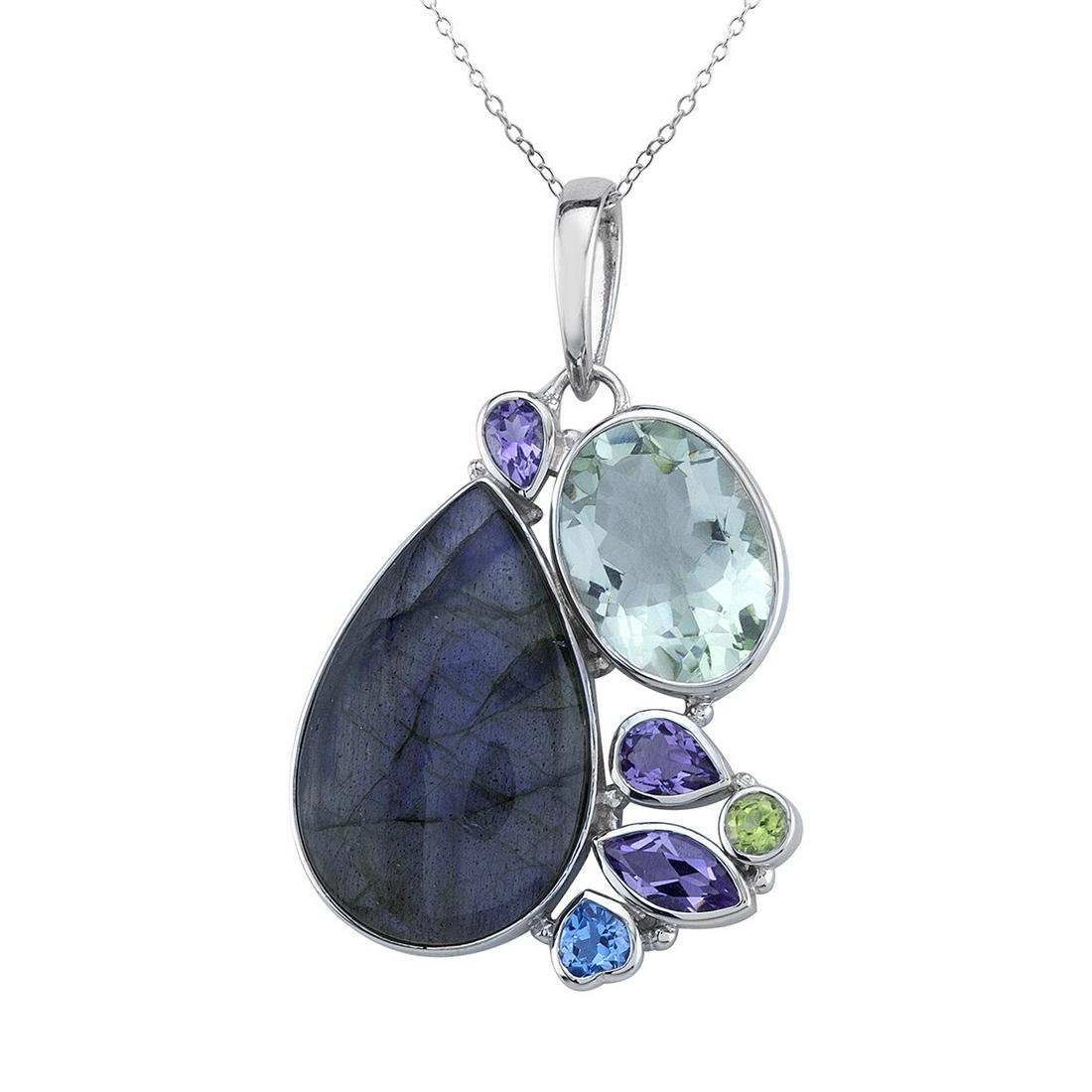 Sterling Silver Multi Gemstone Pendant: Crafted in Sterling Silver with One larger pear shaped labradorite cabochon on one side balanced with a mixed collection of smaller sparkling prasiolite, Brazilian amethyst, peridot and Swiss blue top