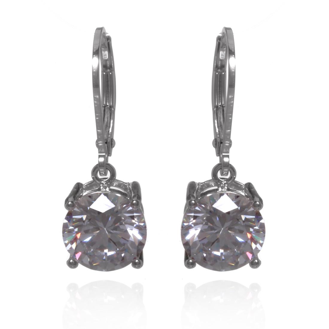 Sterling Silver Solitaire Leverback Earrings: Sterling Silver Solitaire Leverback Drop Earrings • Metal: Sterling Silver• Stone: Cubic Zirconia• Total Weight: 3.61 grams• Finish: Rhodium• Backing: Lever Backs