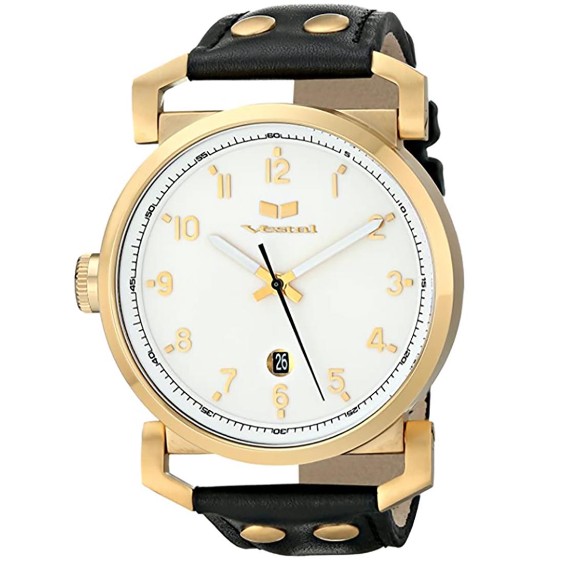 Observer Leather White Dial Black Leather Men's Watch: The Observer Leather is a signature Vestal timepiece with a premium Japanese 3 hand movement with date, enclosed in a round 47mm 316L solid stainless steel case. It features a large dial wit