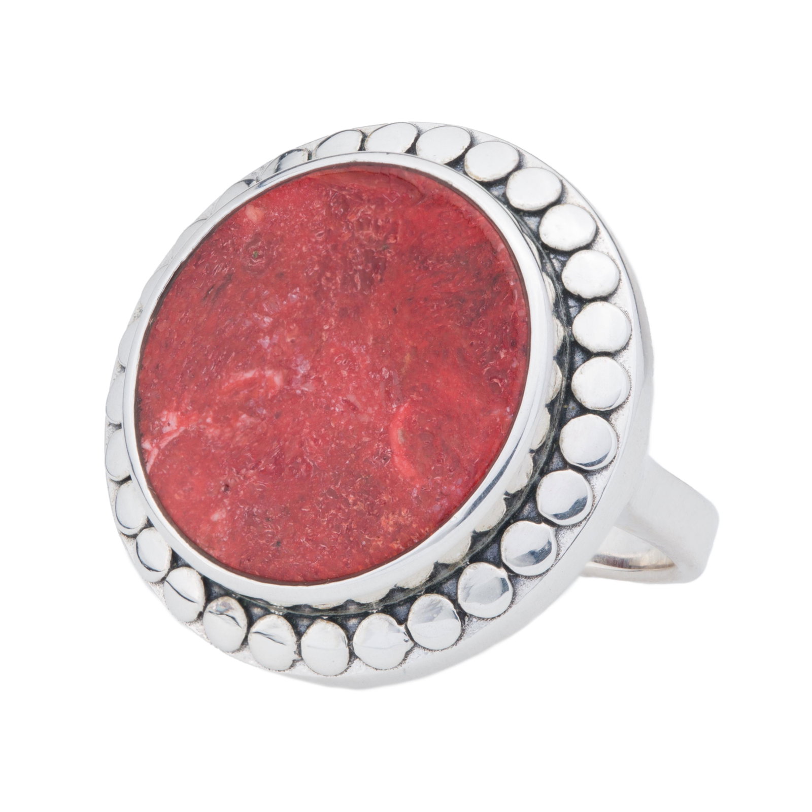 Sterling Silver Red Coral Beaded Halo Ring-SZ 8: Add a brilliant color burst to your wardrobe with Pangea Mines’ red coral ring. Beautifully crafted in gleaming sterling silver and adorned with a large (18mm) round flat red coral cabochon surr