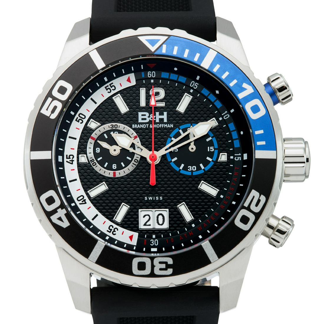 Brandt & Hoffman Swiss Chronograph Bayliss Mens Watch: Movement Type:-Genuine Swiss Ronda 5020.D MovementDisplay Type:-AnalogWater Resistant:-Water Resistant To 10ATMCase Size:-45mm x 52mm x 12mmCase Material:-Surgical Grade 316L Stainless SteelDial Color