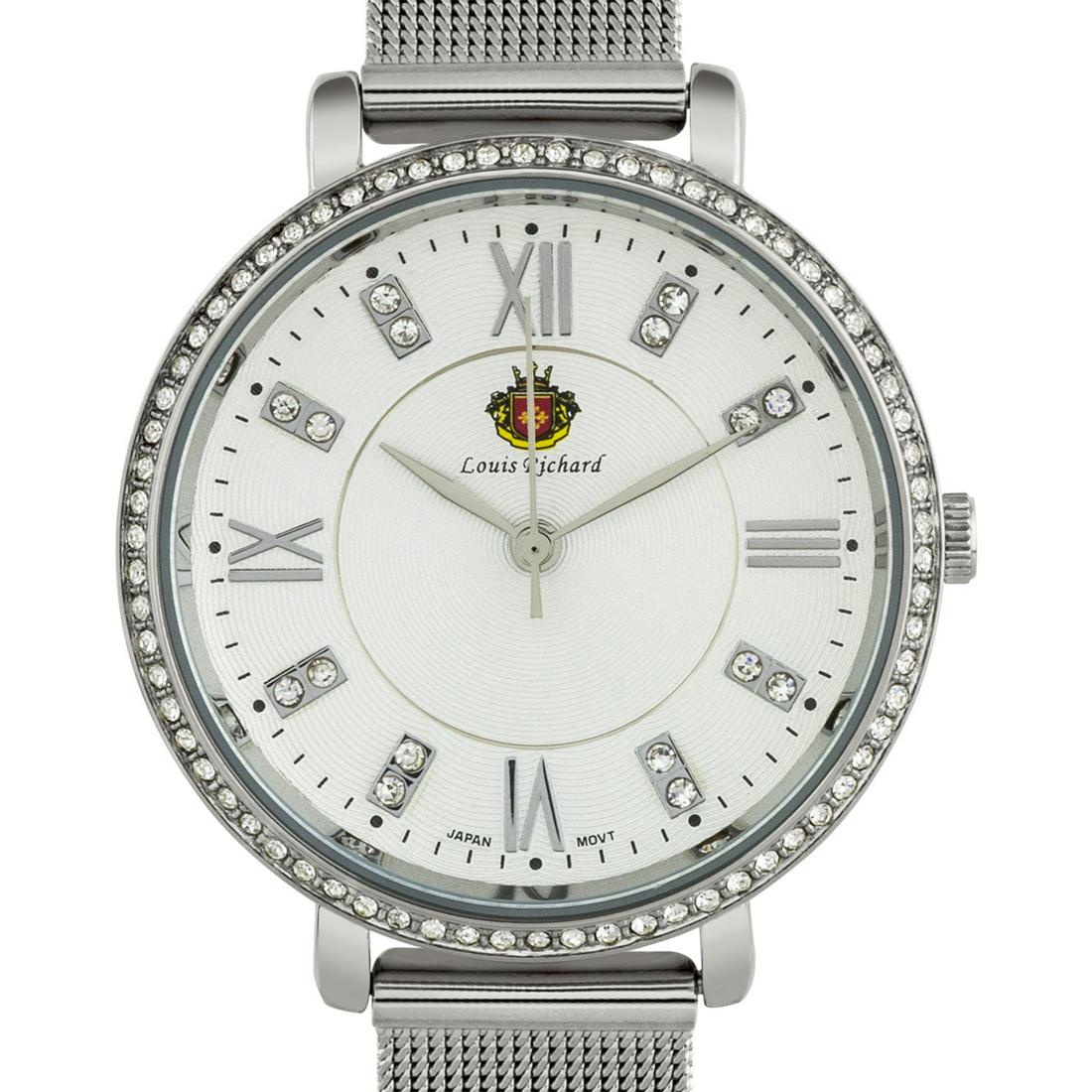 Luxury Mesh Band Modern Ladies Watch: A multi.layered textured dial, all stainless steel case and a beautifully designed bezel w/ crystals made from Swarovski elements make the Louis Richard a very modern design ideal for pairing with the