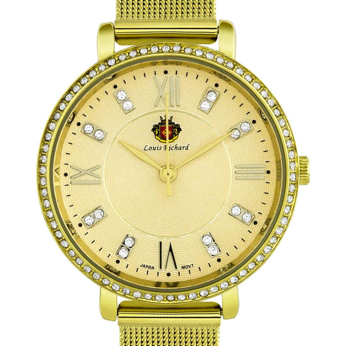 Luxury Mesh Band Modern Ladies Watch: A multi.layered textured dial, all stainless steel case and a beautifully designed bezel w/ crystals made from Swarovski elements make the Louis Richard a very modern design ideal for pairing with the