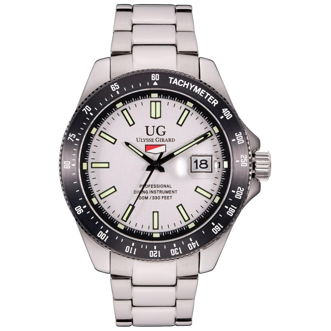 Ulysse Girard Mens 42mm Case Diameter Watch: Flat Colored Dial with large Luminous Rectangular Indicies at the Hour Markers, Miyota 2315 Movement with Easy to Read Luminous Hour and Minute hands with Colored Second Hand, Stainless Steel Case wit