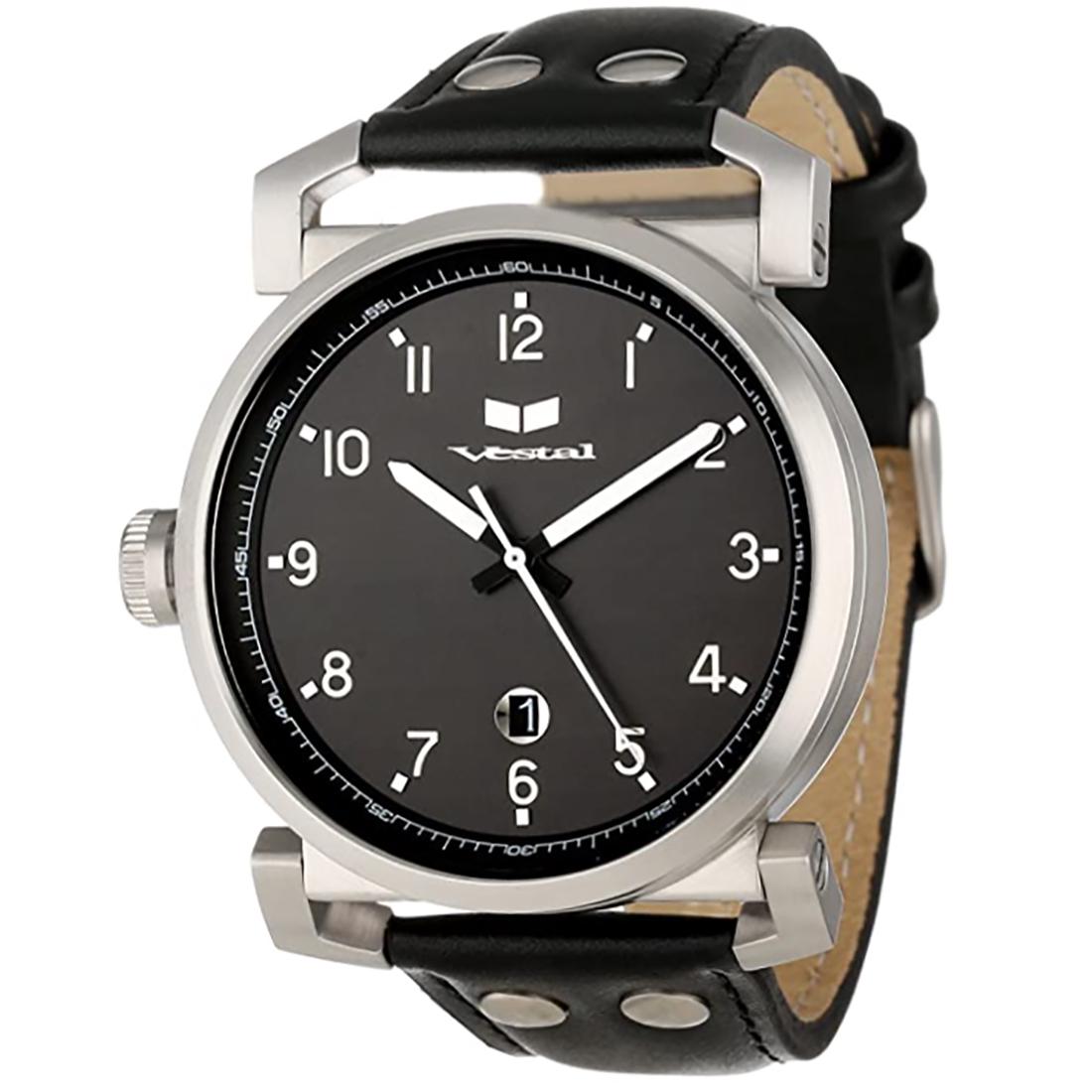 Observer Black Dial Black Leather Men's Watch OB3L006: The Observer Leather is a signature Vestal timepiece with a premium Japanese 3 hand movement with date, enclosed in a round 47mm 316L solid stainless steel case. It features a large dial wit