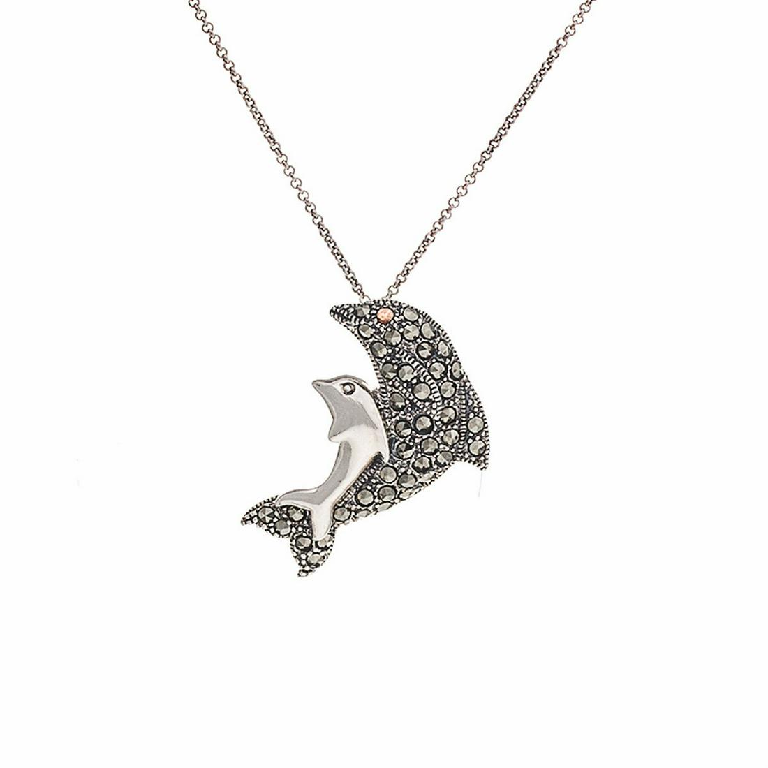 Sterling Silver Garnet & Marcasite Dolphin Pendant: Enjoy the fabled good luck of the dolphin with this delightful pendant from the Addison Lane Animal Kingdom Collection. This playful design is beautifully crafted in sterling silver adorned with spark