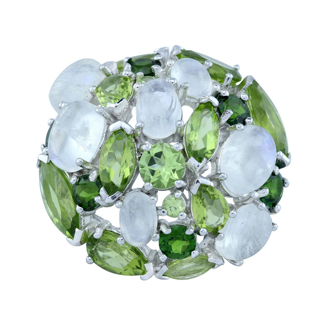 Silver Moonstone & Gemstones Dome Shaped Ring-SZ 6: • Genuine rainbow moonstone, chrome diopside & peridot • Dome shaped setting• Gleaming rhodium over fine sterling silver