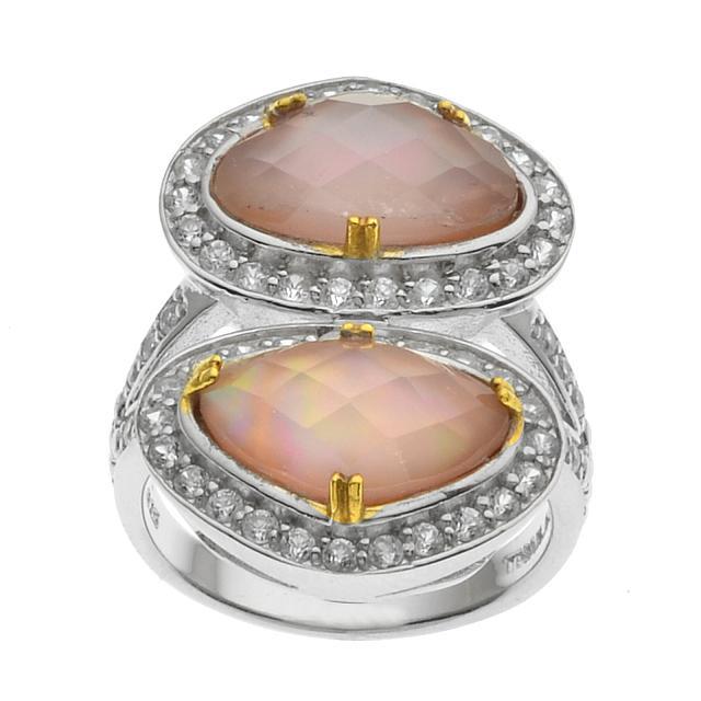 Silver Pink MOP & Moonstone Doublet Halo Ring-SZ 9: As cheerful and refreshing as a spring morning, Pangea Mines ring from the Pretty in Pastels Collection brightens the day. Beautifully crafted in gleaming rhodium over sterling silver with 14k gold pl