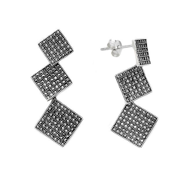 Sterling Silver Marcasite Squared Drop Earrings: Add a smart, contemporary look to your collection with this striking geometric design from the Addison Lane Zenith Collection. Beautifully crafted in oxidized sterling silver, the clean structural con