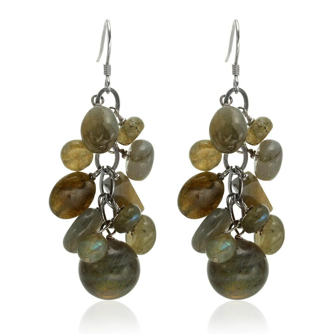 Sterling Silver Labradorite Cluster Drop Earrings: Grey Labradorite: Six oval 10x8mm, four rondelle 6x4mm, four rondelle 8x5mm, two round 12mm, four disk 6x3mm and two rectangular 8x4mm beadsMetal: Rhodium over sterling silverSetting Type: StrungMeasu
