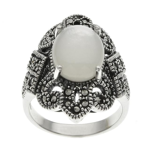 Sterling Silver White MOP & Marcasite Ring-SZ 10: Metal: Rhodium over sterling silverStone Information:White Mother of pearl: One oval cut 12x10mm Marcasite: round cut 1mmSetting Type: ProngCountry of Origin:Thailand