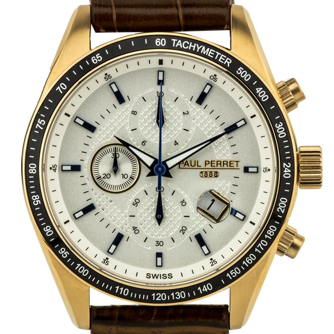 Paul Perret Esperto Mens Chronograph Watch: Quartz chronograph movementChocolate Brown leather croco strapBuckle claspStainless steel bezel and caseManufacturer's limited warrantyOur products are 100% genuine. In some cases we purchase merchand