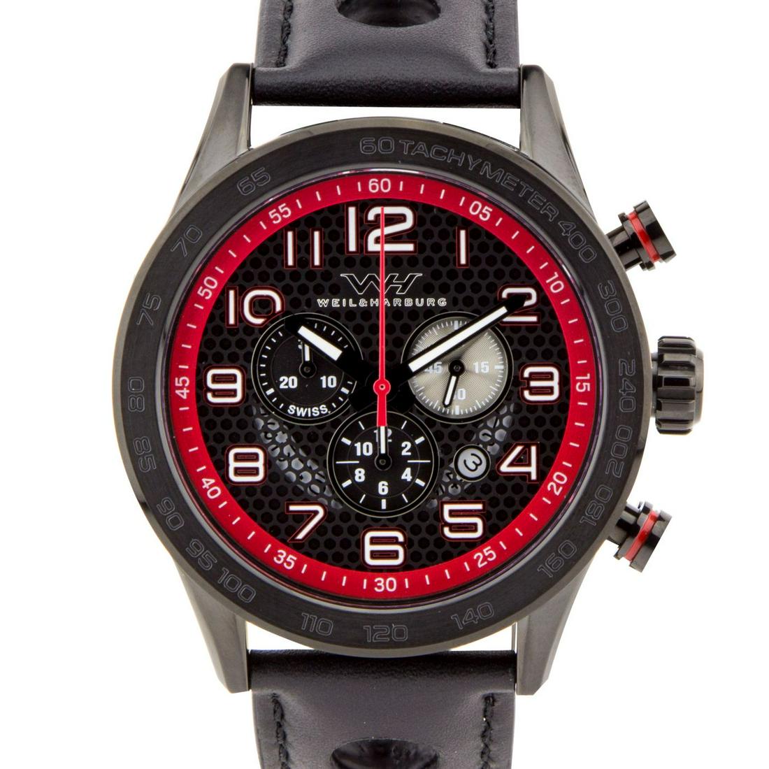 Weil & Harburg Karkin 49mm Case Chronograph Watch: Multi colored, multi textured dial, open date window, lumonesent haands and markers 13mm x 49mm x x200mmStainless steel, pull-down, pull-down 10ATMLeather strap, stainless steel buckle, 24mm x 200mmSw