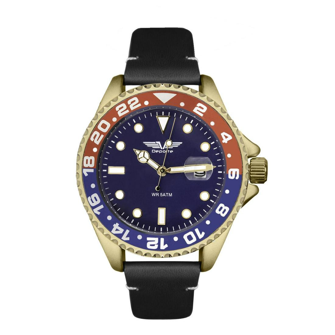 Deporte Pacific Men's Diver Style 42mm Case Watch: Main Features: Luminescent white hands with a leather stap, two tone bezel red and blue bezel and blue dial and Gold tone caseHands: Luminous WhiteCase Shape: RoundMaterial: Ion Plated Metal, Stainles