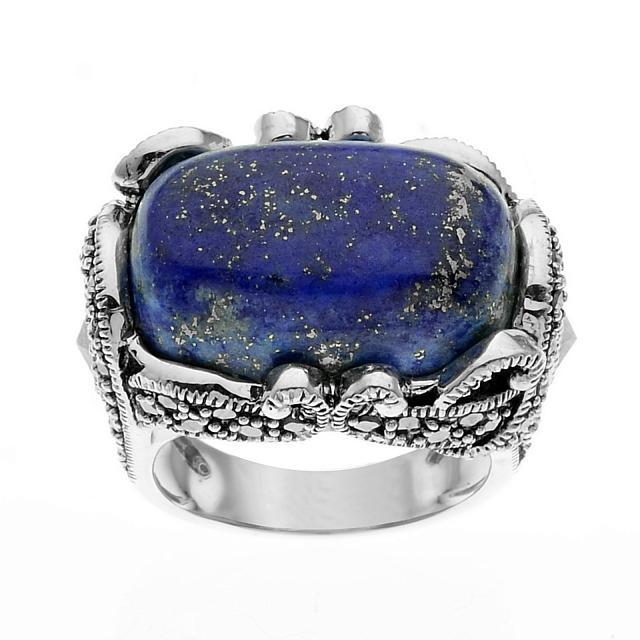 Sterling Silver Lapis & Marcasite Ring-SZ 5: • Genuine lapis & marcasite• Rectangular cabochon• Beaded texture around the shank• Gleaming rhodium over fine sterling silver