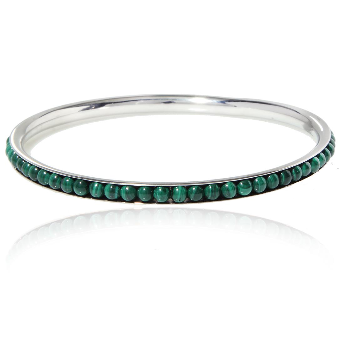 Sterling Silver Malachite Bead Slip On Bangle 8.5": Sterling Silver Malachite Bead Slip On Bangle 8.5" • Metal: Sterling Silver • Stone: Malachite