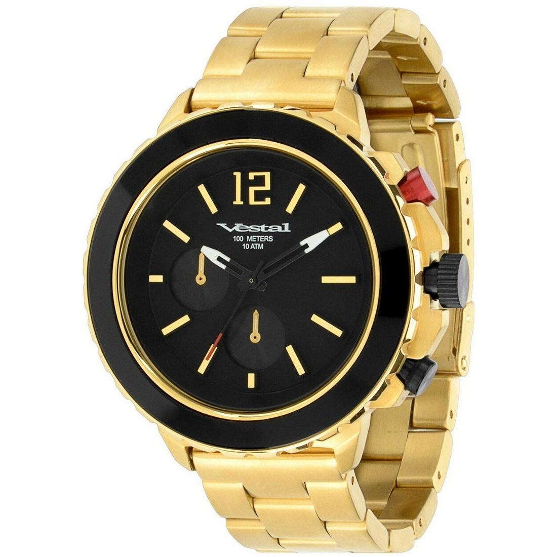 Men's Yacht Antique Gold Stainless-Steel Plated: Round watch featuring corrugated bezel with black top ring, stick/Arabic indices, and two chronograph sub dials. A 45 mm stainless steel case with mineral dial window and Japanese quartz movement with