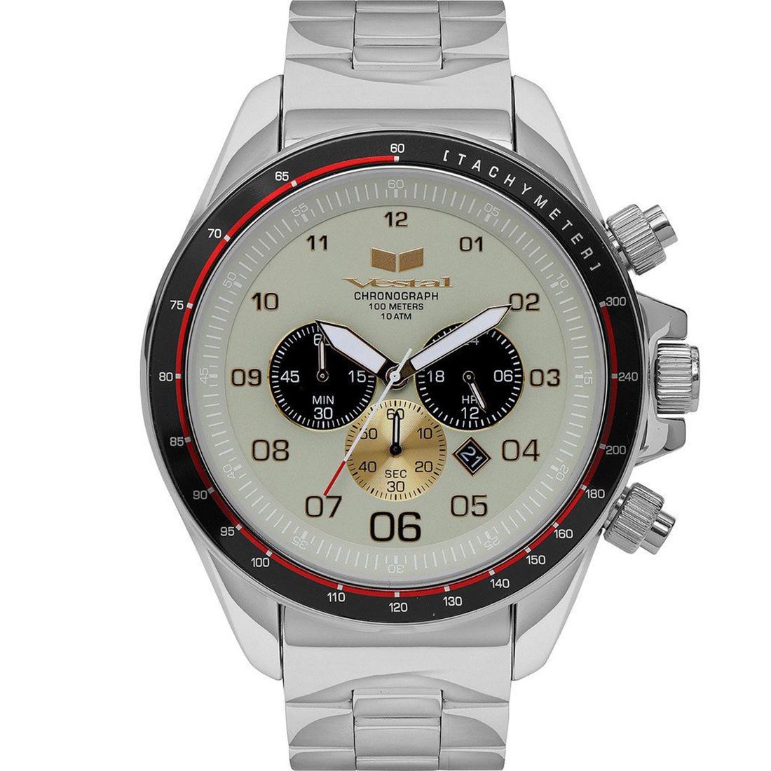 ZR3037 ZR-3 Watch - Silver/Marine/Polished: The ZR-3 is the largest yet in the Vestal collection. This vintage-inspired timepiece is an oversized premium round chronograph with stainless steel case construction and features an extra thick cryst
