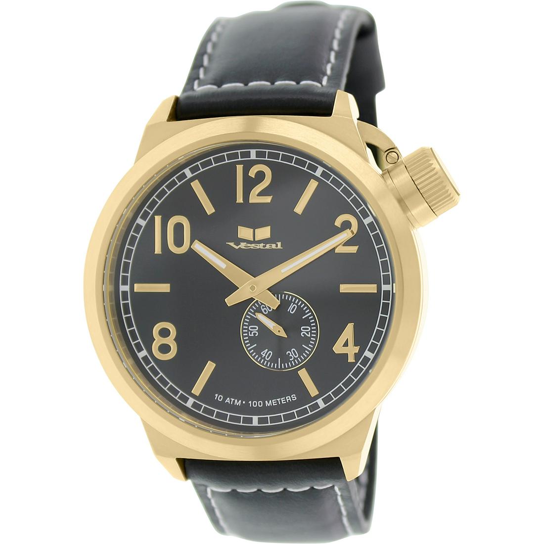 Vestal Unisex Canteen Leather Analog Quartz Watch: The Canteen watch features a premium Japanese sub-second movement, encompassed by 44mm wide case crafted from 316L surgical-grade, stainless steel. It features an enamel-filled, screw-down canteen cro