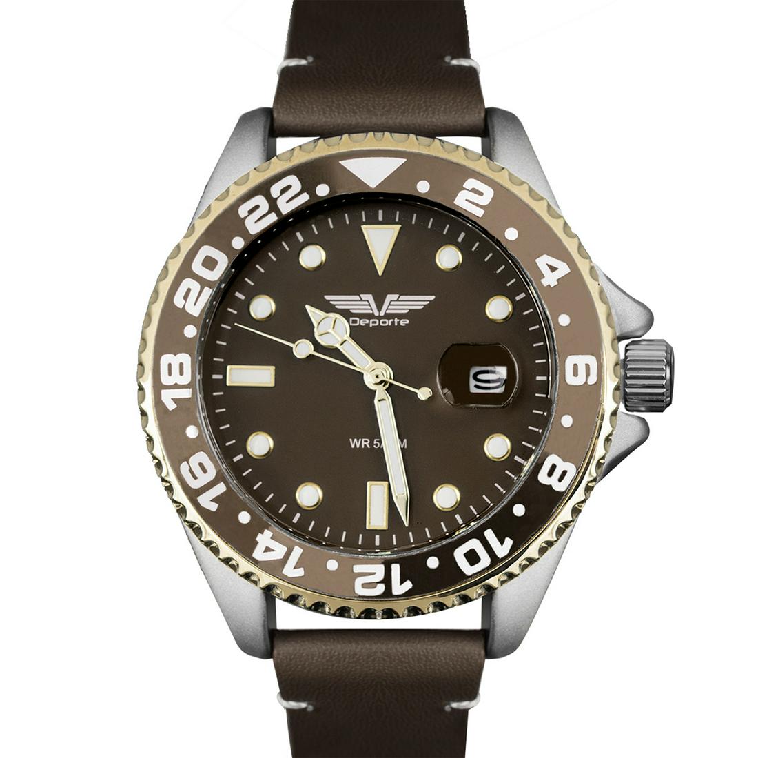 Deporte Pacific Men Diver Watch 42mm Diameter Case: Main Features: Luminescent white hands with a Copper leather stap, Silver Case , Copper bezelHands: Luminous WhiteCase Shape: RoundMaterial: Ion Plated Metal, Stainless SteelCase Thickness: 13mmStrap