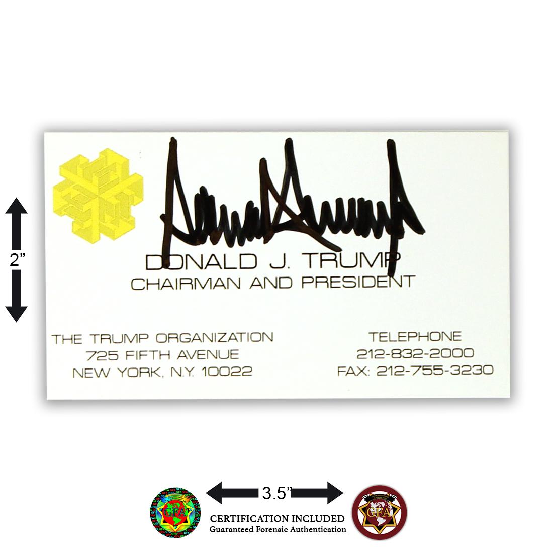 Donald Trump Signed 3.5x2 President Business Card: Donald Trump was born on June 14, 1946. Donald Trump signed Chairman and President, The Trump Organizaton, Business Card. Signed Large and Boldly in Black Ink. Unframed. Comes with a Letter of Certifi