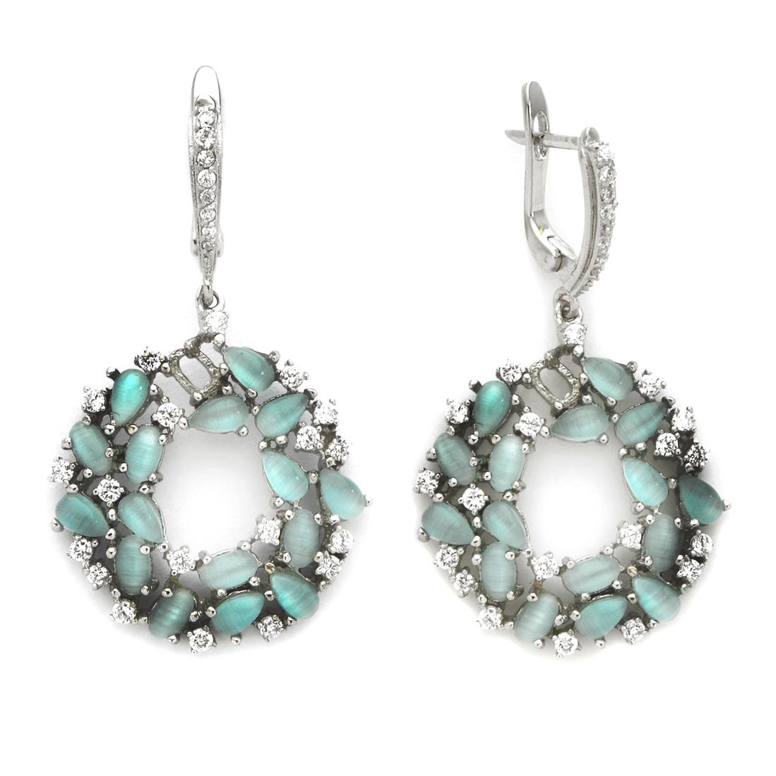 Sterling Silver Blue Cats Eye Dangle Earrings: Sterling Silver Blue Cats Eye Dangle Earrings • Metal: Sterling Silver • Stone: Blue Cat's Eye&CZ
