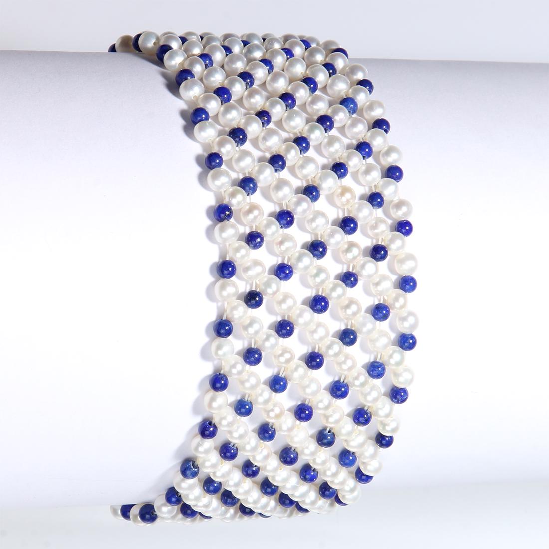Wide Pearl & Lapis Stretch Bracelet 6.5": Wide Pearl & Lapis Stretch Bracelet 6.5"