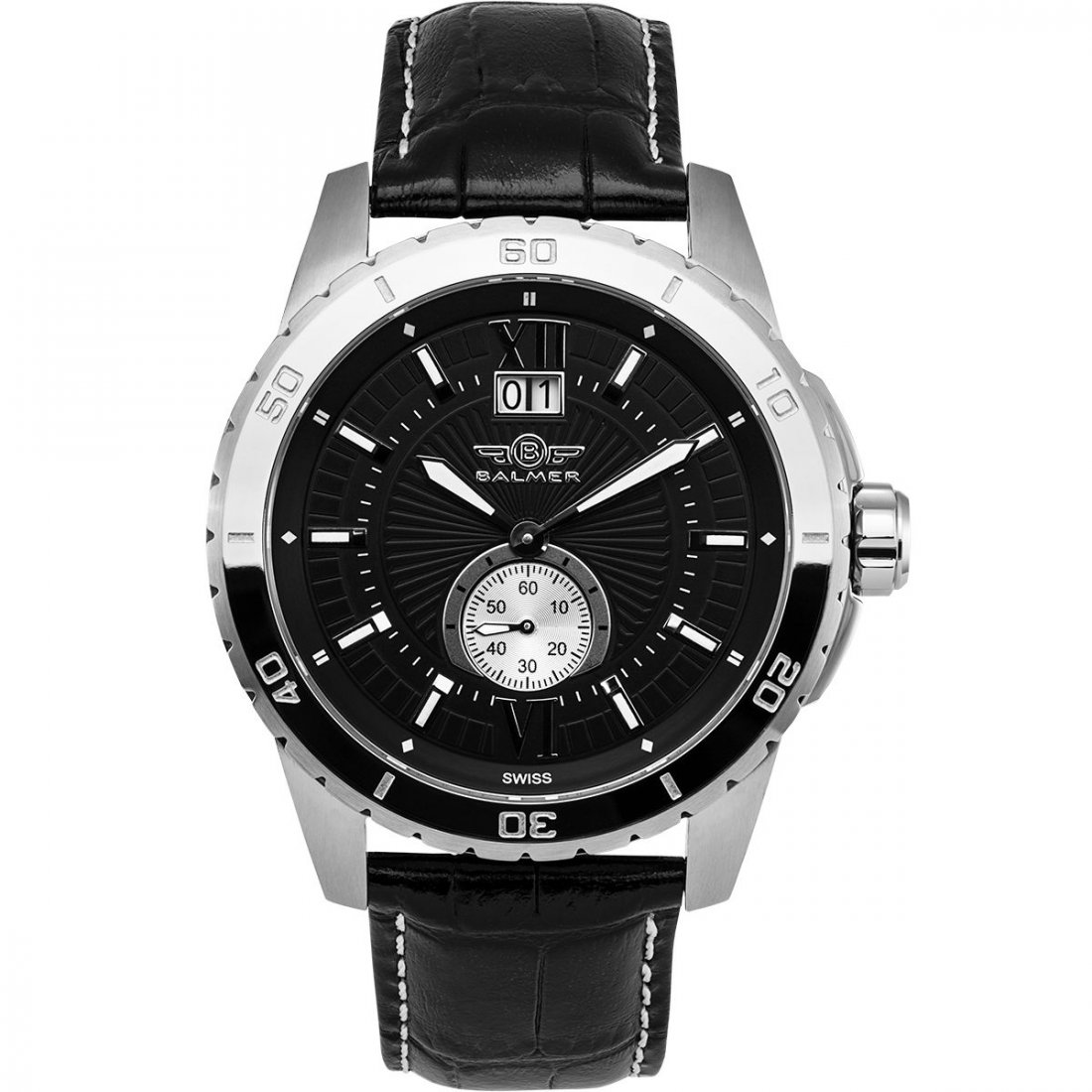 Balmer DB9 Mens Watch: Balmer DB9 Mens Watch - Black Leather Strap, Silver Case, Black Dial •Simple But Elegant Sunburst Pattern Dial with Roman Numerals at 12 and 6 O'Clock enhanced with Large Luminous hands and Indicies