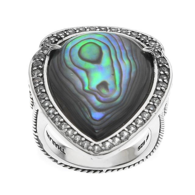 Silver Abalone & White Zircon Halo Ring-SZ 6: Metal: Sterling SilverStone Information:Gemstone Choice: One pear shaped 23 x 17mm abaloneWhite Zircon: Various round modified-brilliant cut 1.2-1.5mmSetting Type: Prong/Adhesive and ProngApproximate 